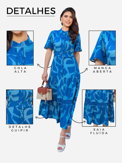 Vestido Viscose Estampado Maxi Forrado - Stefany Rodrigues